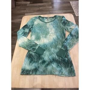 BKE Teal Green White Lace Swirl Tie Dye Long Sleeve Semi Sheer Shirt Y2K M Boho